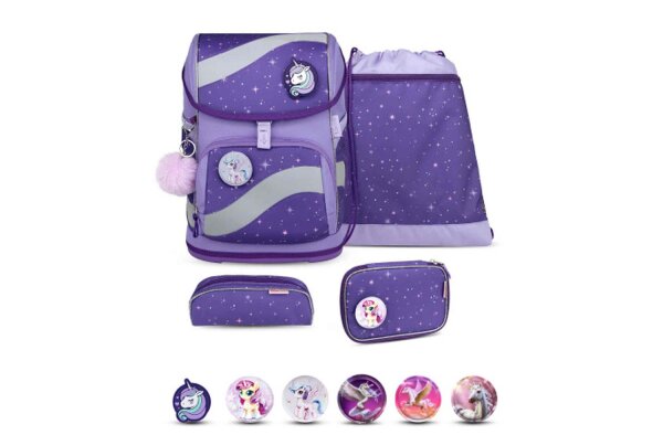 Belmil Smarty Schulranzen Set 5-teilig "Starlight" mit Brustgurt, Hüftgurt, Magnetverschluss, Patch Set 6 Stück Starlight