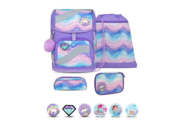 Belmil Smarty Schulranzen Set 5-teilig "Rainbow Land" mit Brustgurt, Hüftgurt, Magnetverschluss, Patch Set 6 Stück Rainbow Land