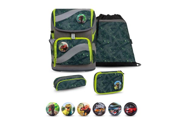 Belmil Smarty Schulranzen Set 5-teilig "Minimal Triangels" mit Brustgurt, Hüftgurt, Magnetverschluss, Patch Set 6 Stück Minimal Triangels